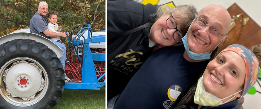 Two photos, one of a man on a tractor and one of smiling family