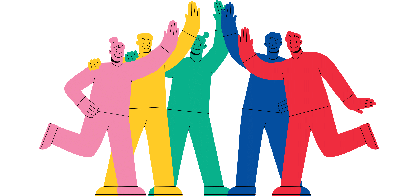 Illustration of rainbow colored people smiling and high fiving