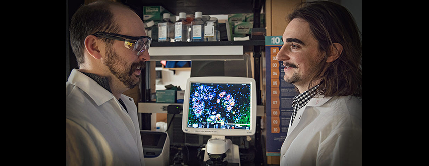 Costas Lyssiotis, Ph.D. faces a technician in his lab with a computer screen between them
