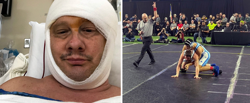 two photos, one with a man whose head is wrapped in bandages and one of a wrestling match