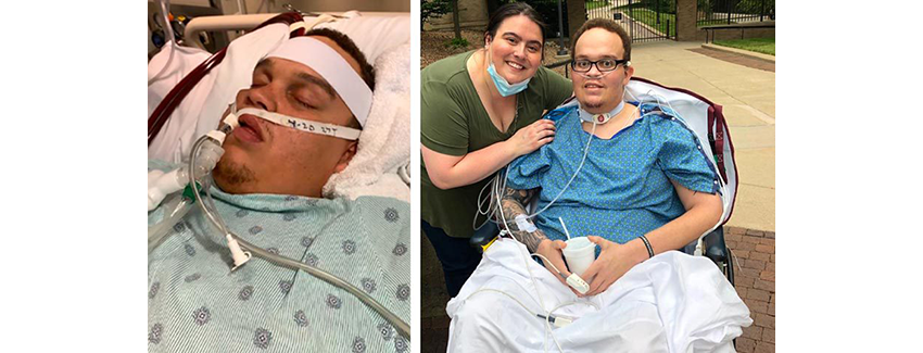 Two images: one of Andrew Ackerman intubated in the hospital and one with him in a wheelchair and his wife standing next to him