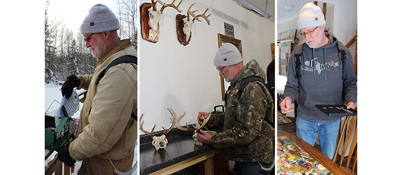 Three images of Ken Kessler feeding birds, polishing antlers and doing a jigsaw puzzle