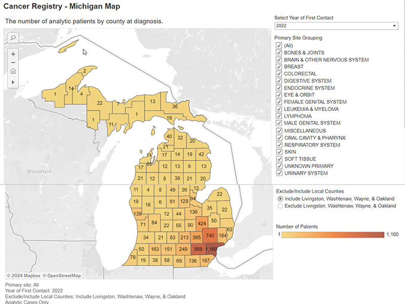 map of where U-M Rogel Cancer Center patients came from in 2022