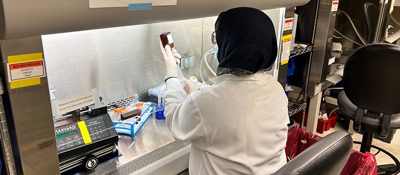 Shamileh processing patient blood sample in the Nagrath lab