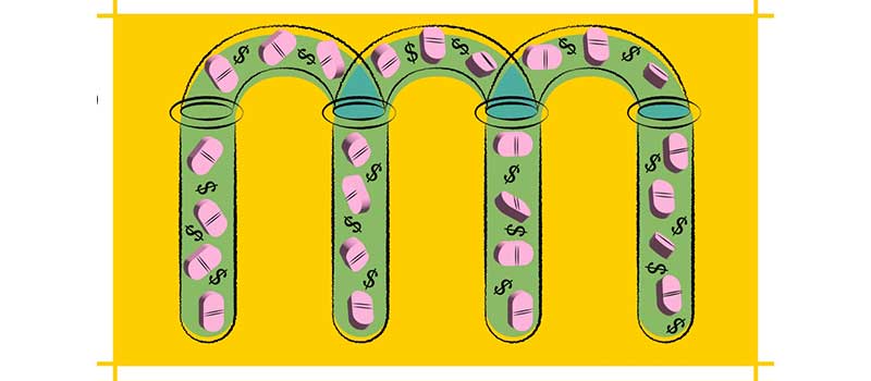 Artistic representation of test tubes filled with pink pills and dollar signs
