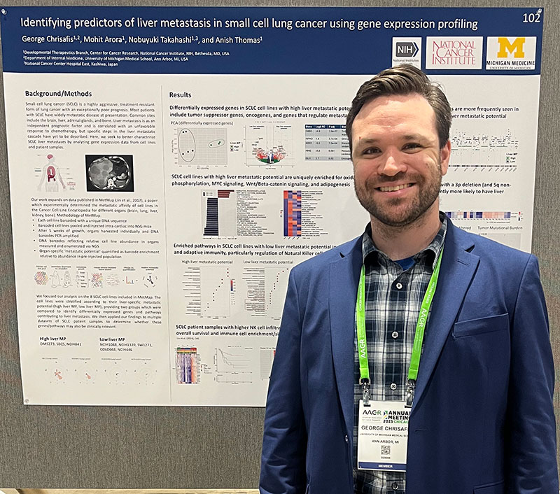 George Chrisafis, MD stands in front of his research poster at AACR 2025