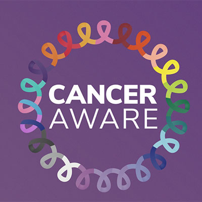 Cancer Aware logo is a purple background with the words cancer aware surrounded by a rainbow of awareness ribbons