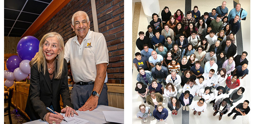 On the left is an image of the pancreatic cancer team; on the right is a photo of Richard and Susan Rogel