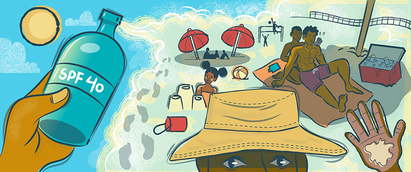 illustration of a beach scene of people with dark-colored skin using sunscreen