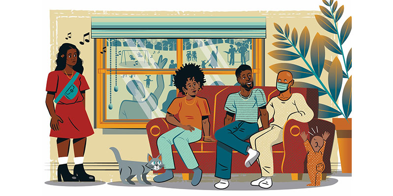 Artistic rendering of a family on a couch