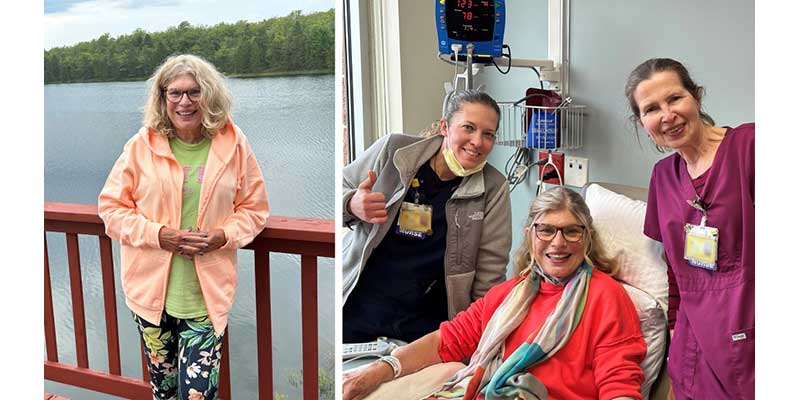 Two images; one of Kat Forsythe at the lake and one with her and her care team