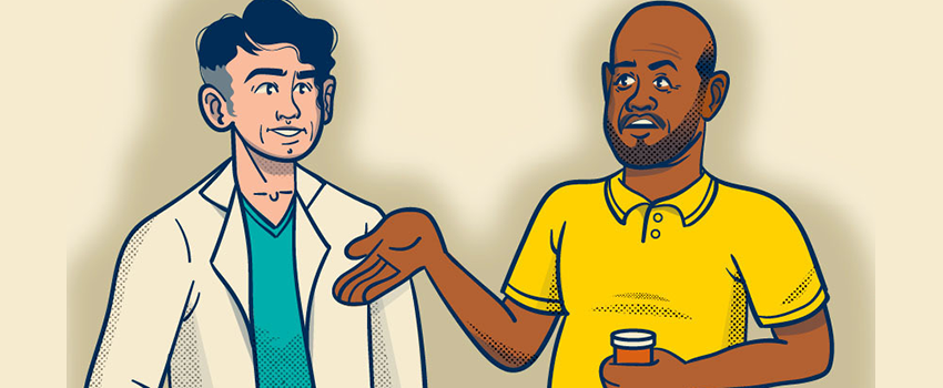 Cartoon of black man speaking with white doctor