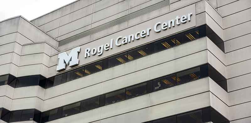 Close up of the Rogel Cancer Center name on the building