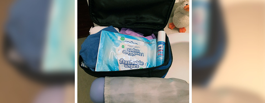 Toiletry bag filled with cleaning wipes and air freshener