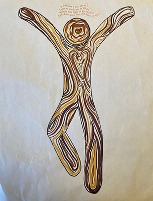 figure made to look like wood with swirls inside including a heart